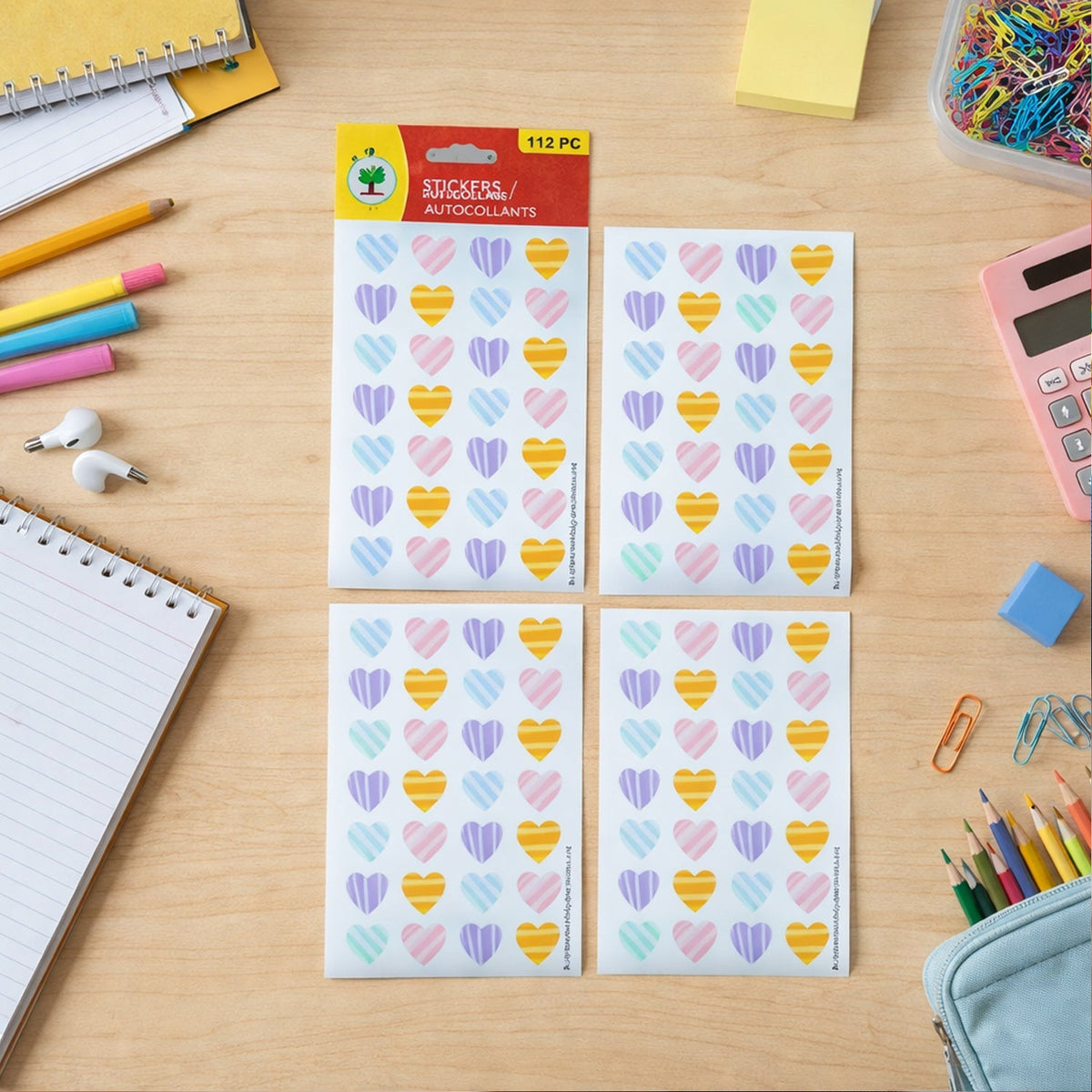 Sheet of colorful heart shape decorative stickers