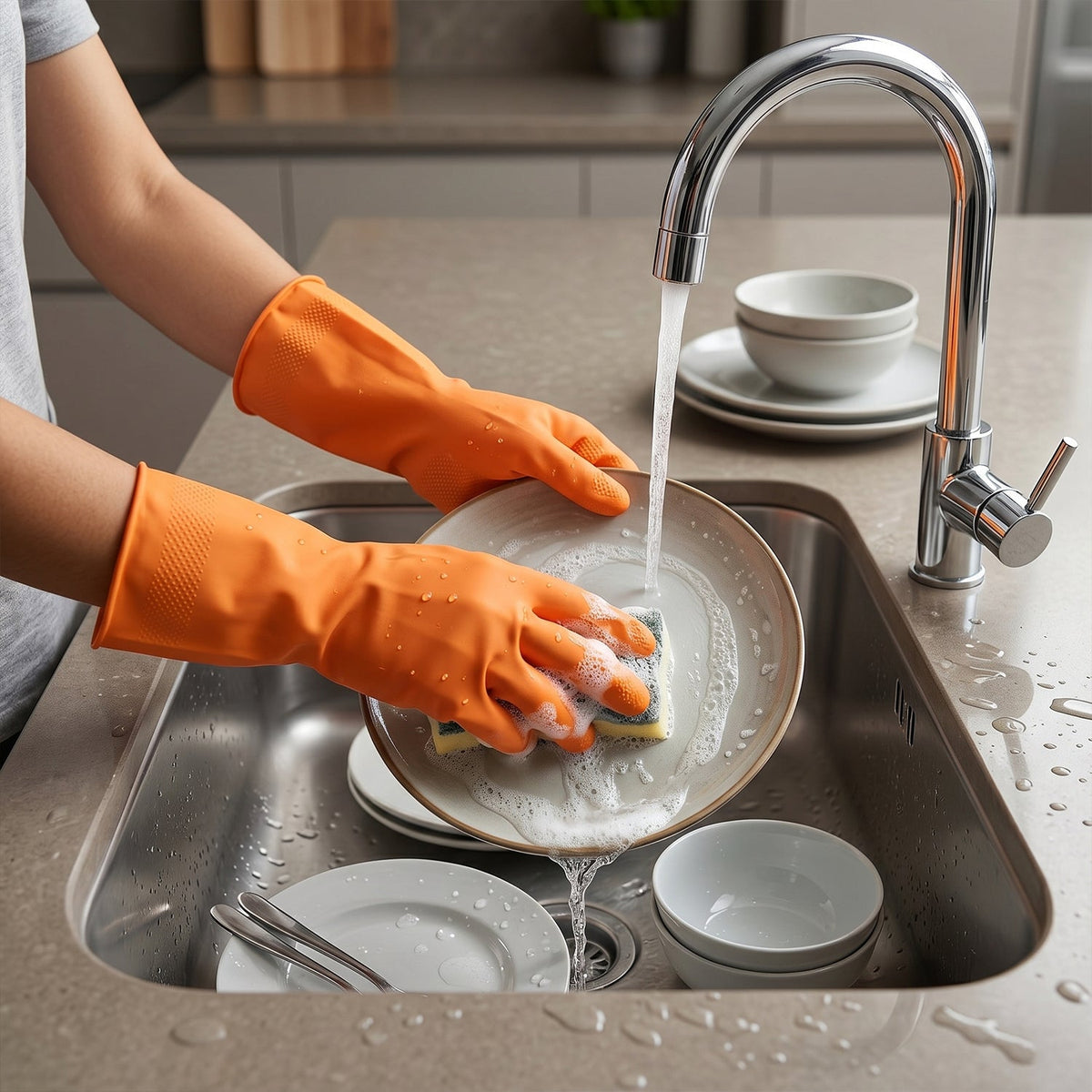 Orange gloves used for kitchen cleaning tasks