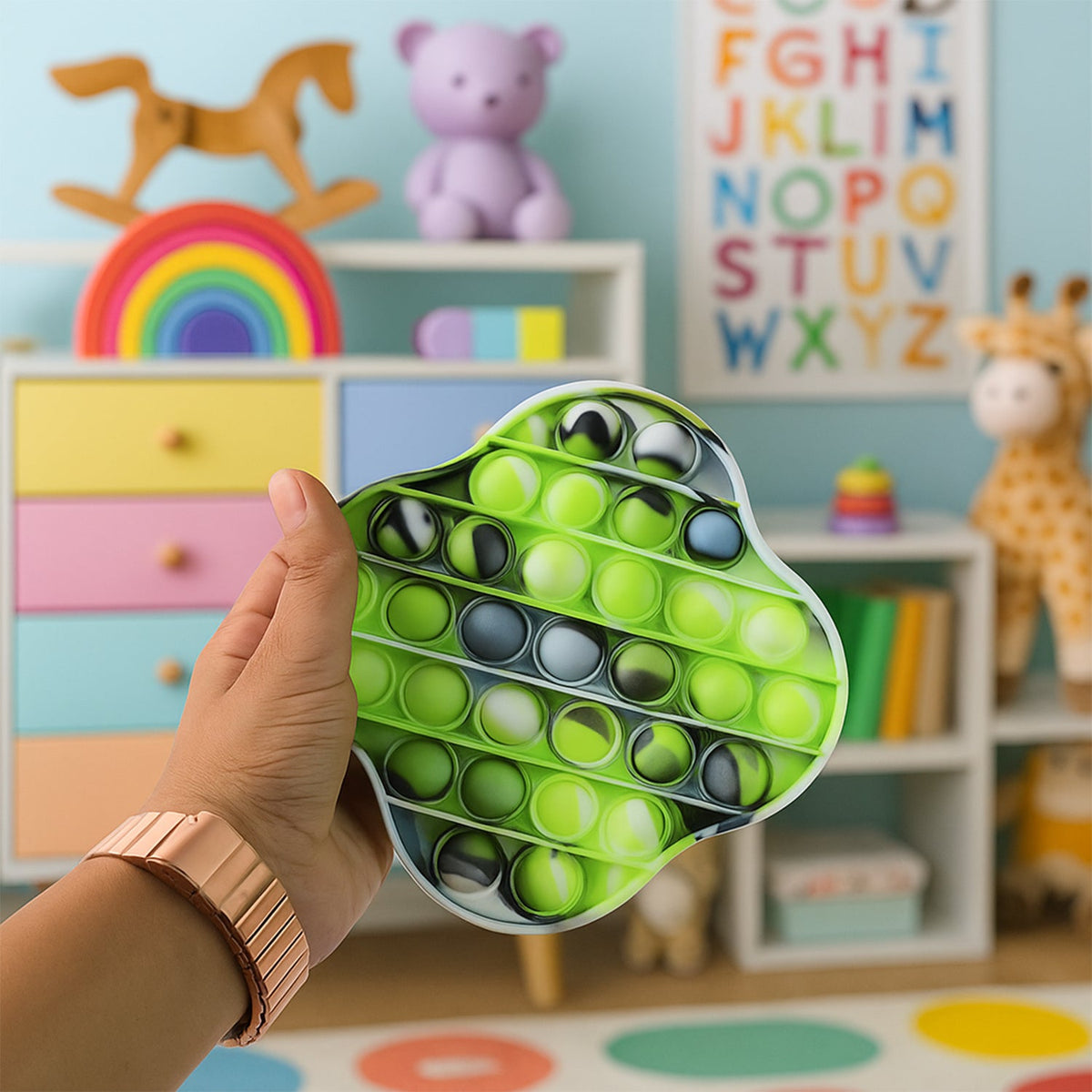 Silicone pop it fidget toy viewed from angle showing bubble layout