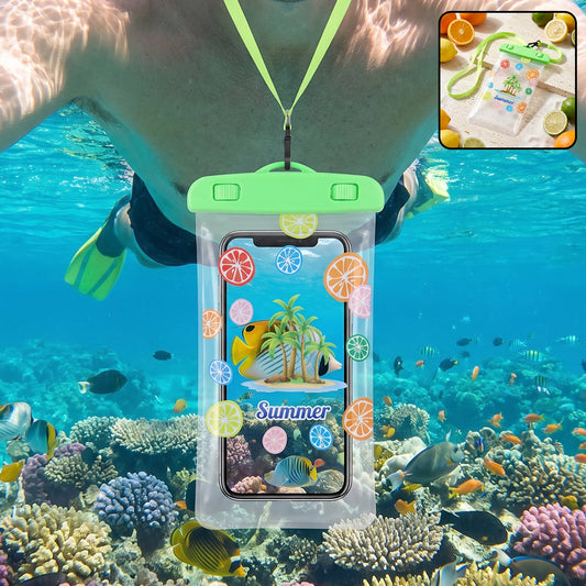 Waterproof mobile pouch with neck strap in green, shown protecting a phone.