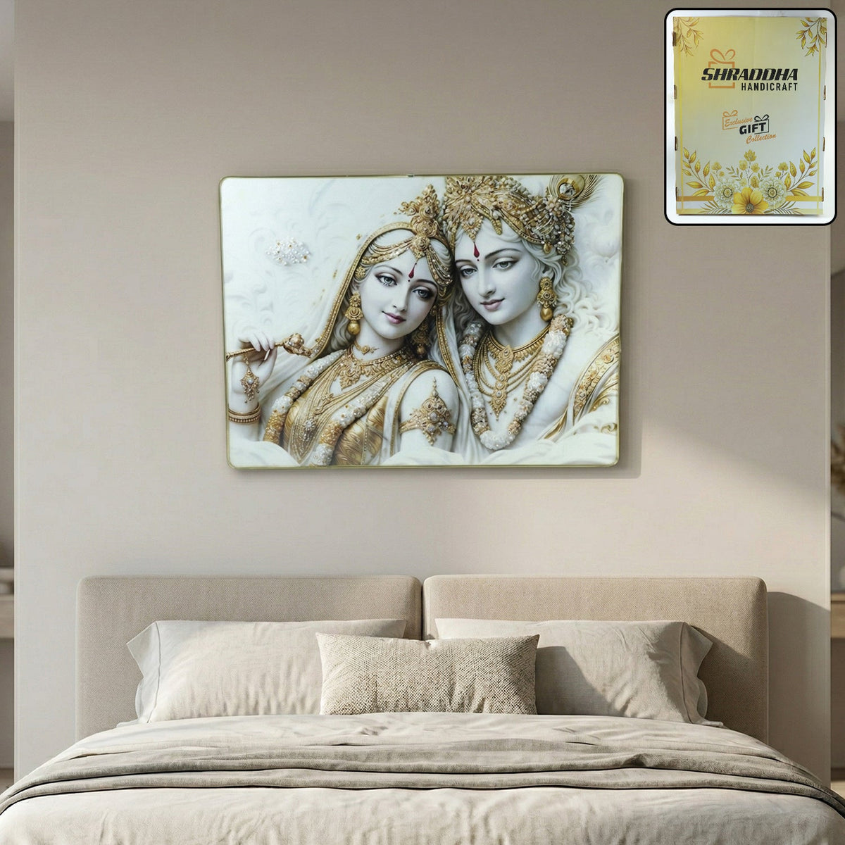 Radha Krishna wall art frame in white and gold finish, perfect for home décor